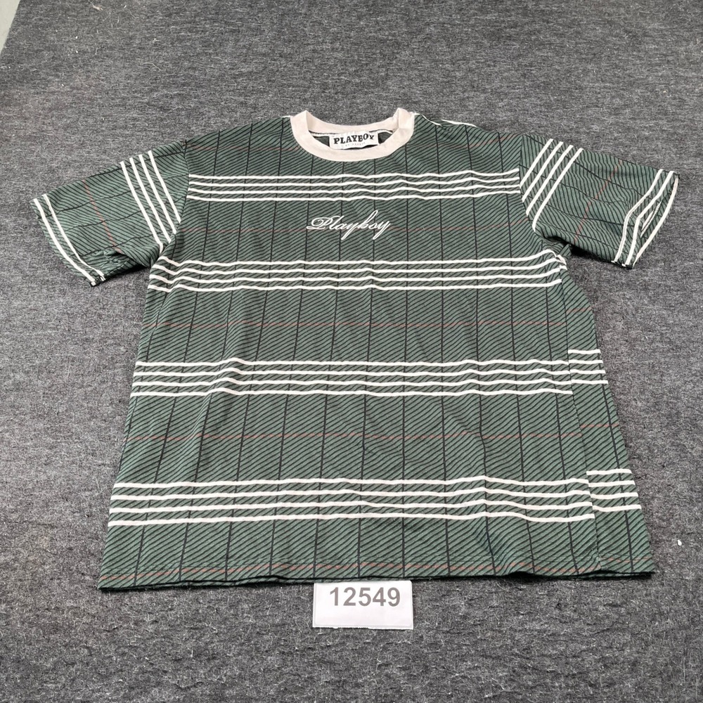 Playboy By PacSun Shirt Mens XL Green Striped Cotton Embroidered Logo Crew Neck